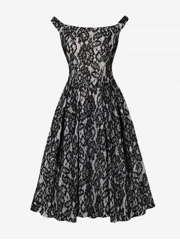 Zipper Floral Lace Lace-up Back Vintage Dress - BLACK - S