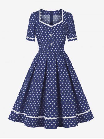 Polka Dots Print Buttons Square Neck Zipper Vintage Dress - BLUE - S