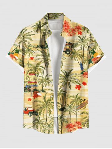 Plus Size Coconut Tree Floral Beach Car Print Hawaii Button Pocket Shirt For Men - YELLOW - 5XL