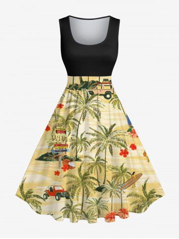 Plus Size Coconut Tree Floral Beach Car Print Hawaii 1950s Vintage Swing A Line Dress - YELLOW - XS
