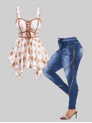 Ombre Flower Printed Lace Up Backless Handkerchief Tank Top and Skinny Leggings Plus Size Outfit -  