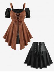 Puff Sleeves Lace Up Two Tone 2 in 1 Top and PU Panel Scalloped Cross Zipper A Line Skirt Plus Size Outfit -  