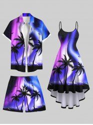 Ombre Aurora Galaxy Coconut Tree Print Plus Size Matching Hawaii Beach Outfit For Couples -  