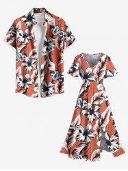 Floral Tropical Leaves Print Plus Size Matching Hawaii Beach Outfit For Couples - Rouge 