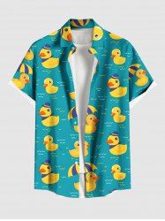 Plus Size Cute Duck Umbrella River Print Hawaii Button Pocket Shirt For Men -  