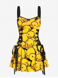 Cute Duck Print Hawaii Lace Up A Line Tank Dress -  