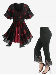 Rose Flower Embroidery Mesh Lace-up 2 In 1 Top and Scalloped Tassel Lace Trim Flare Pants Plus Size Outfit -  