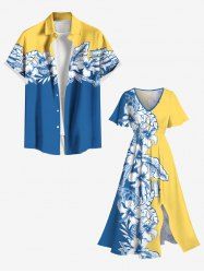 Tenue de Plage Contrastante Imprimé Feuilles et Fleurs Tropicales Grande Taille pour Couples - Bleu Ciel 