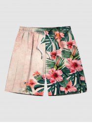 Plus Size Tropical Hibiscus Flowers Leaf Print Hawaii Beach Shorts For Men -  