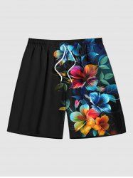 Short de Plage Hawaïen Feuille D'Hibiscus Colorée Fleur Imprimés de Grande Taille pour Homme - Noir 7XL