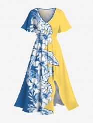 Plus Size Tropical Leaf Hibiscus Flower Colorblock Turtle Print Split Hawaii Midi Dress -  