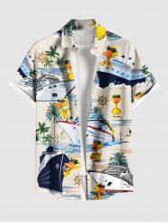Plus Size Coconut Tree Ducks Sea Waves Ship Print Buttons Pocket Cruise Hawaii Shirt For Men -  