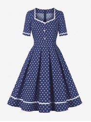 Polka Dots Print Buttons Square Neck Zipper Vintage Dress -  