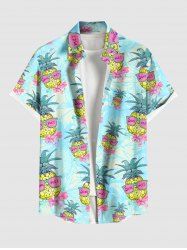 Chemise Imprimé Ananas Floral à Boutons Grande Taille avec Poche Kangourou pour Homme - Bleu clair S