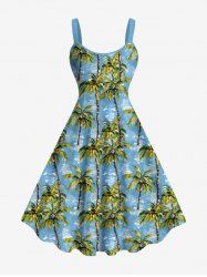 Robe débardeur grande taille à imprimé cocotier et mer, style hawaïen, coupe trapèze - Bleu Ciel S