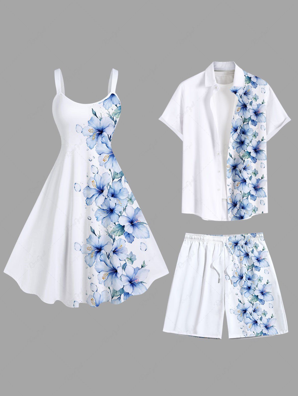 Tenue de Plage pour Couples en Feuilles D'Hibiscus et Fleurs Grande-Taille Blanc 