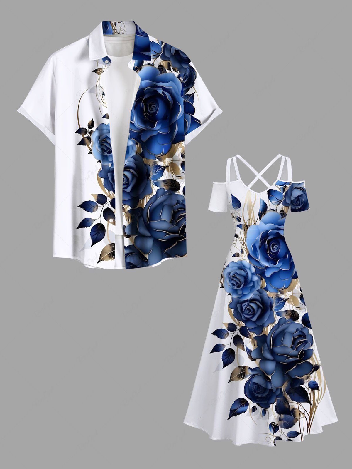 Fashion Rose Flowers Leaf Print Plus Size Matching Hawaii Beach Outfit For Couples  