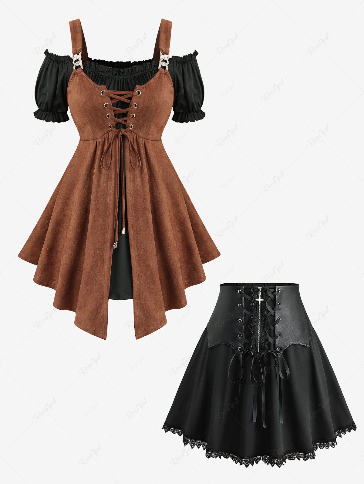 Store Puff Sleeves Lace Up Two Tone 2 in 1 Top and PU Panel Scalloped Cross Zipper A Line Skirt Plus Size Outfit  