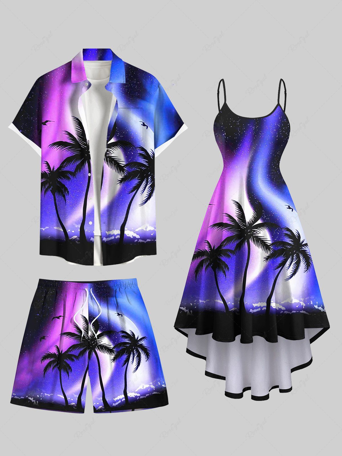 Chic Ombre Aurora Galaxy Coconut Tree Print Plus Size Matching Hawaii Beach Outfit For Couples  