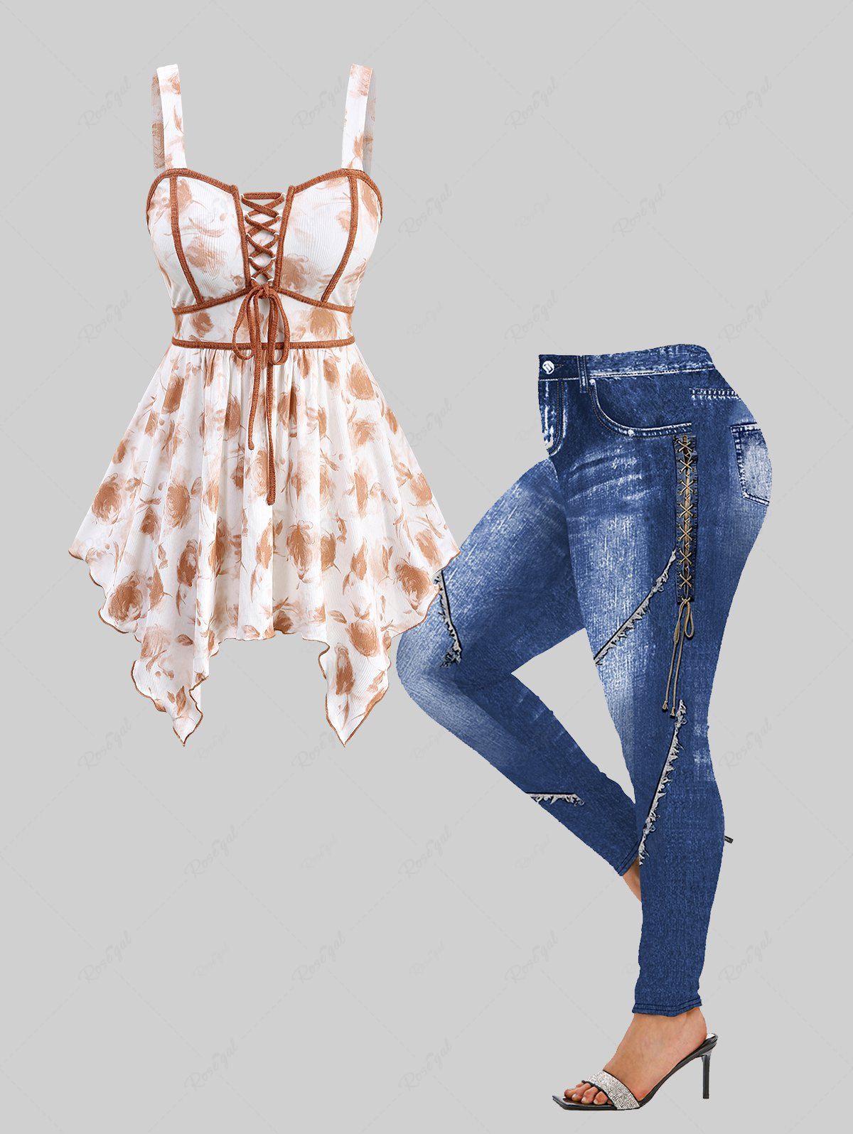 Hot Ombre Flower Printed Lace Up Backless Handkerchief Tank Top and Skinny Leggings Plus Size Outfit  