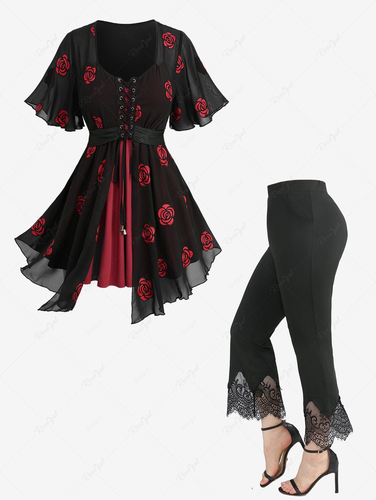 Discount Rose Flower Embroidery Mesh Lace-up 2 In 1 Top and Scalloped Tassel Lace Trim Flare Pants Plus Size Outfit  