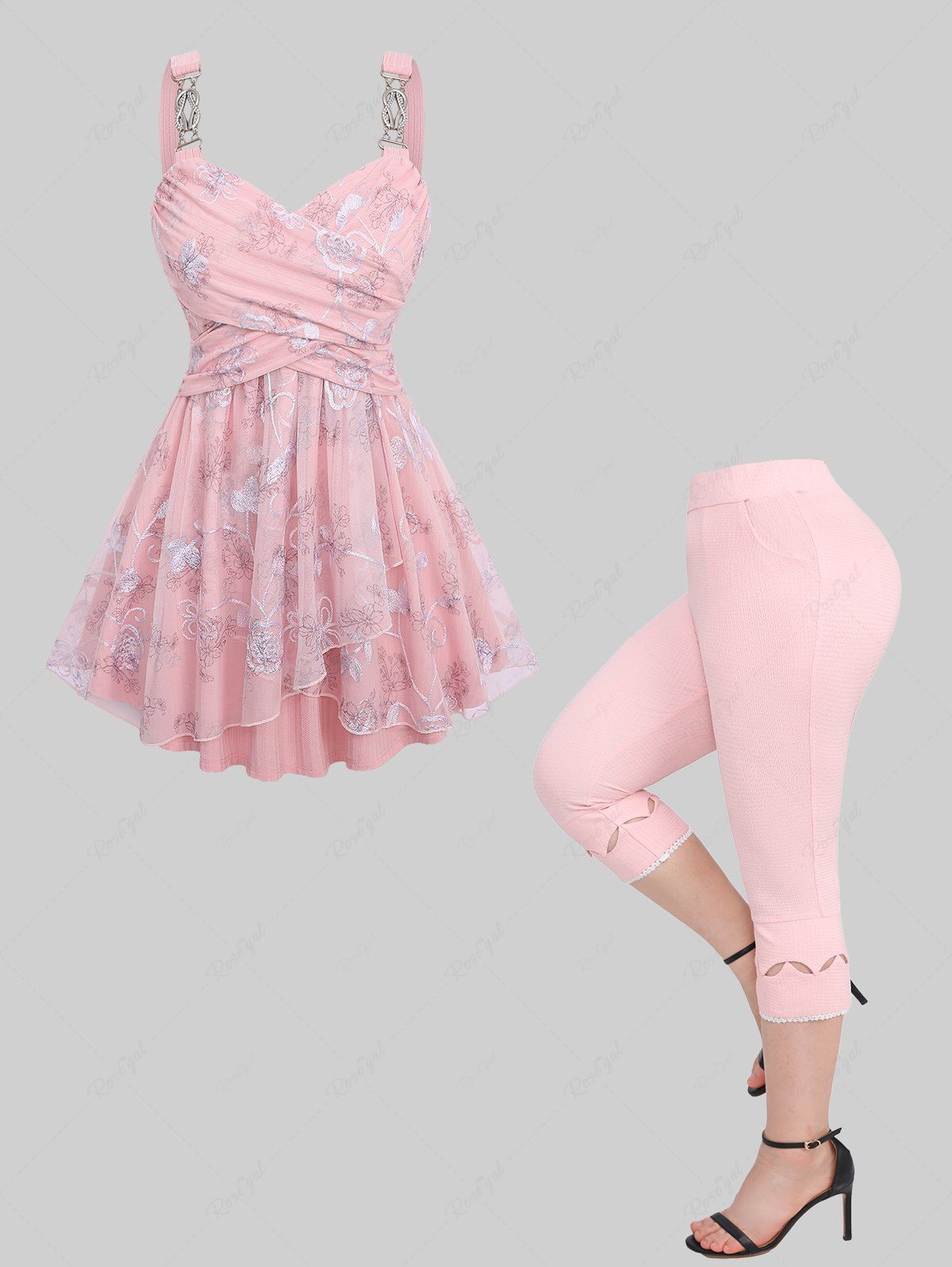 Online Flower Print Embroidery Mesh Surplice Tank Top and Hollow Out Lace Trim Embossed Capri Leggings Plus Size Outfit  