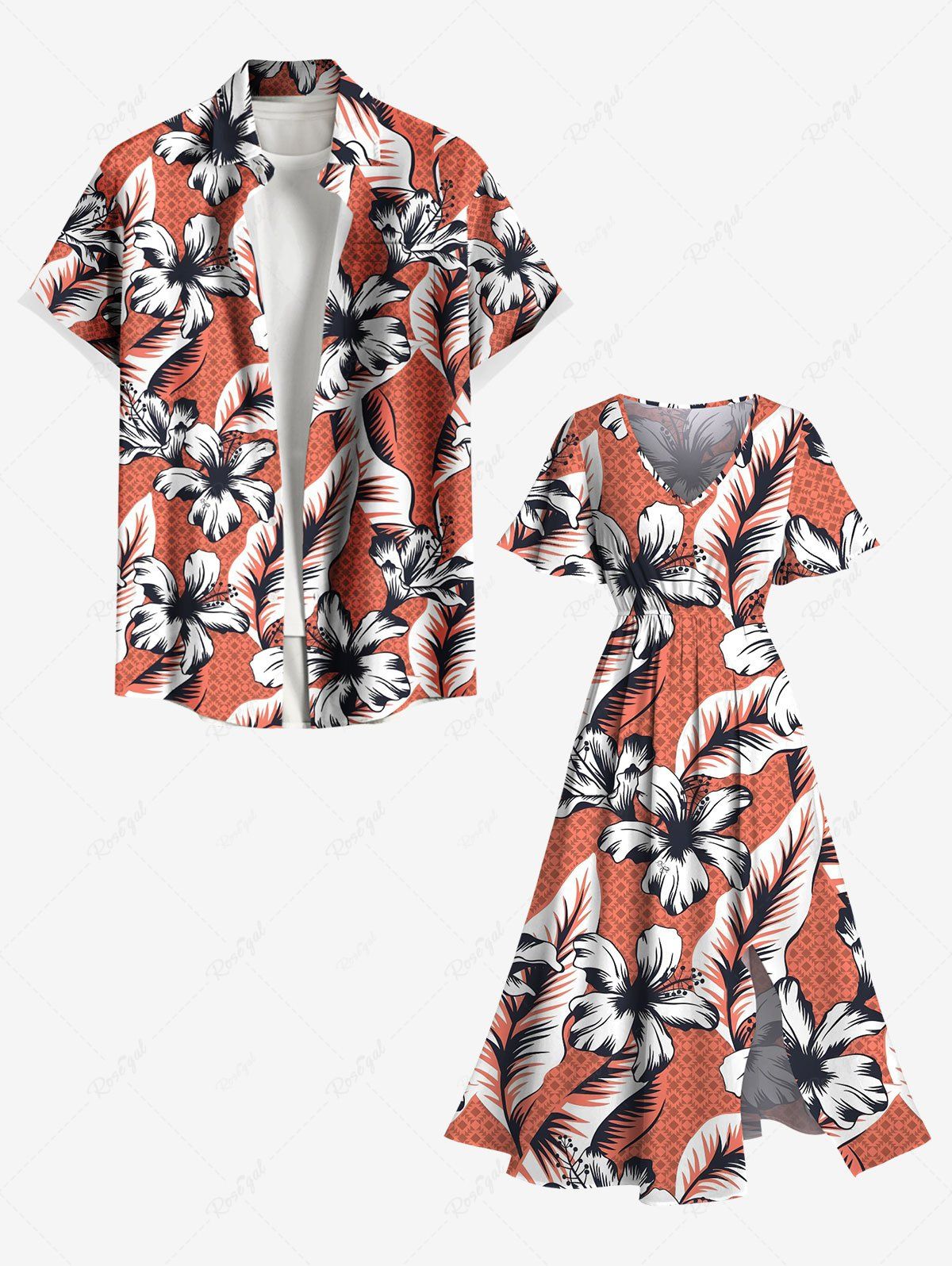 Floral Tropical Leaves Print Plus Size Matching Hawaii Beach Outfit For Couples Rouge 