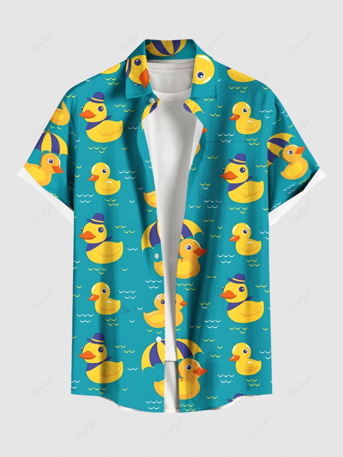 Sale Plus Size Cute Duck Umbrella River Print Hawaii Button Pocket Shirt For Men  