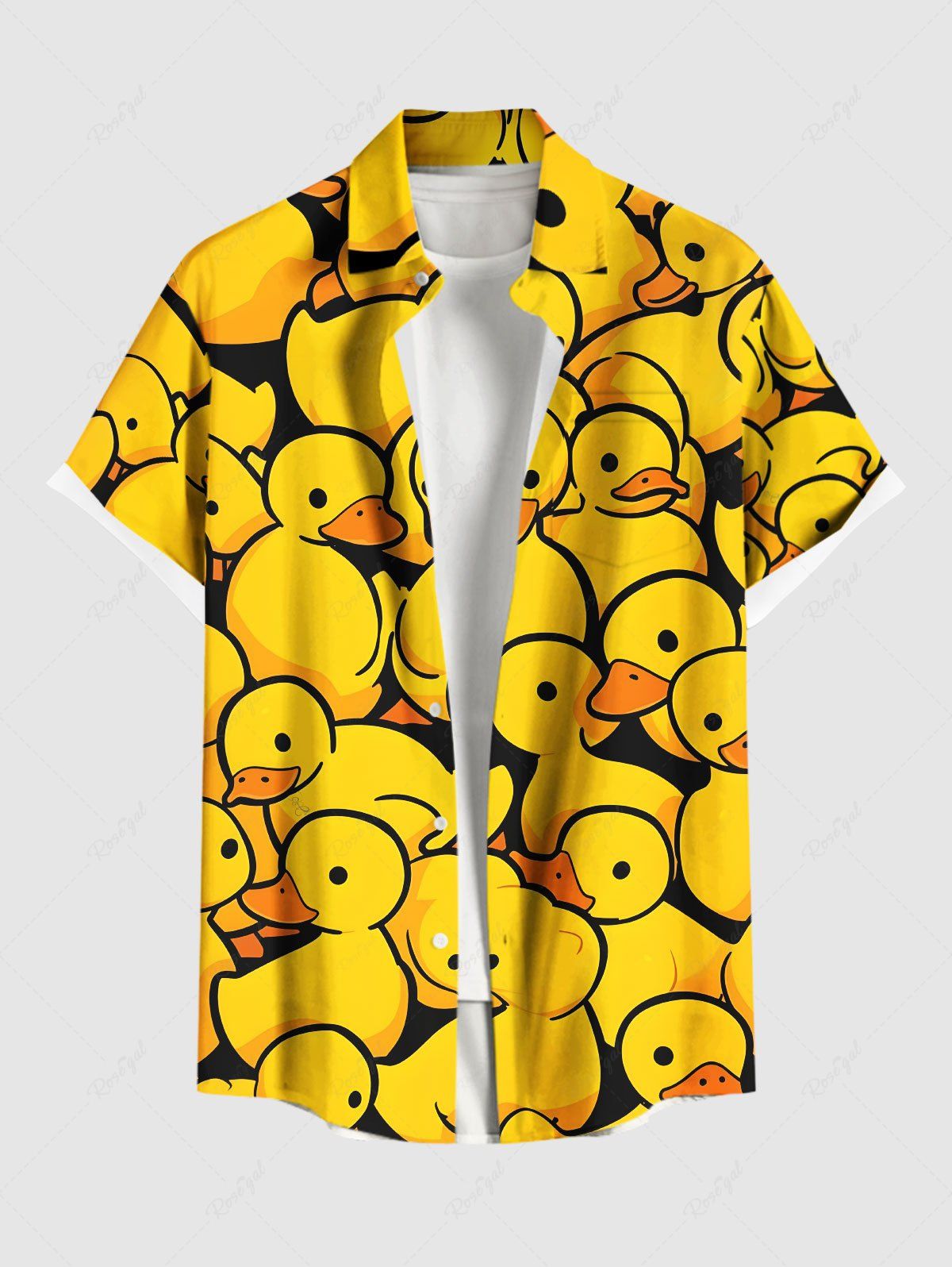New Plus Size Cute Duck Print Hawaii Button Pocket Shirt For Men  