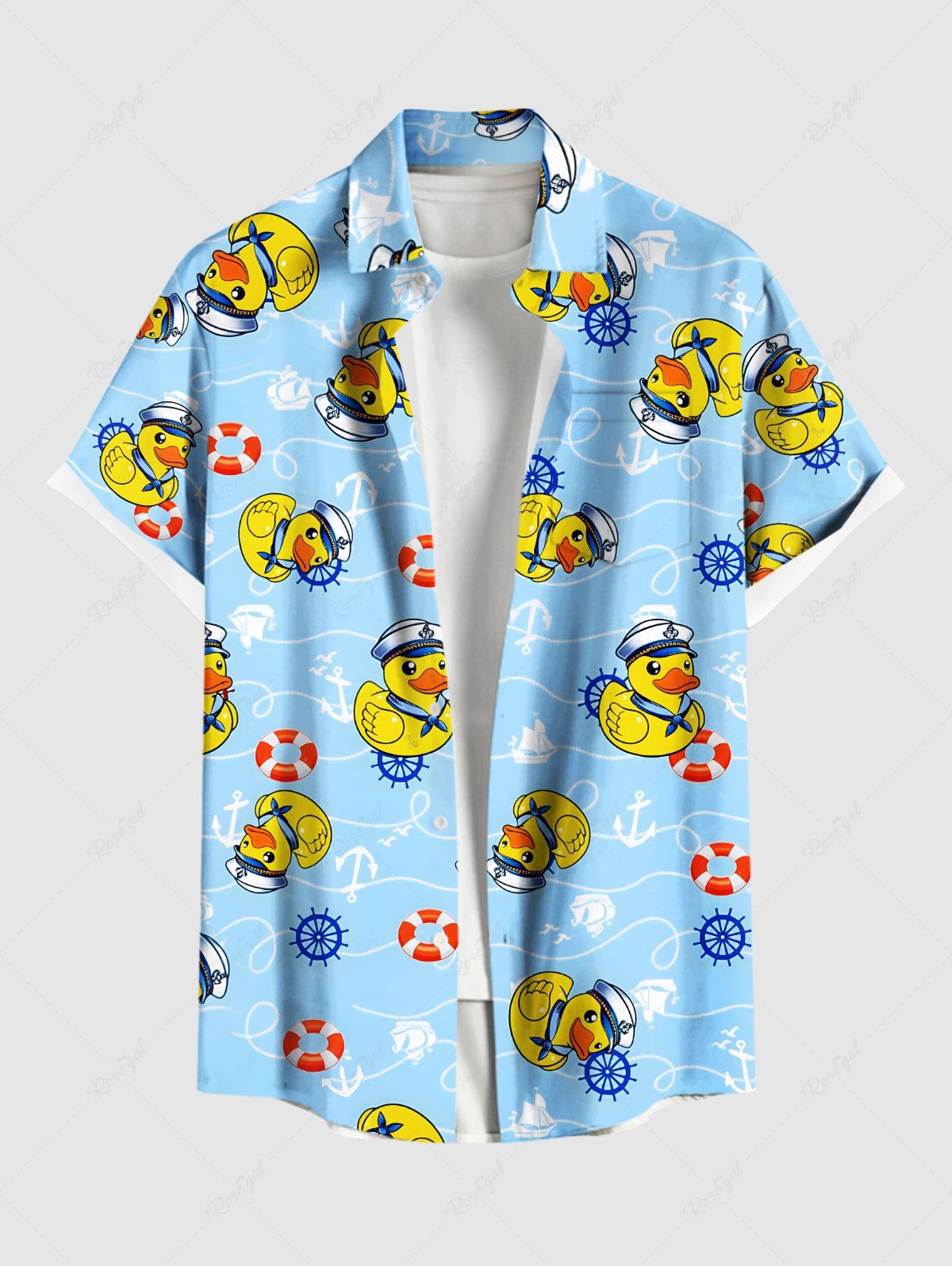 Online Plus Size Anchor Swimming Ring Cute Duck Print Hawaii Cruise Button Pocket Shirt For Men  