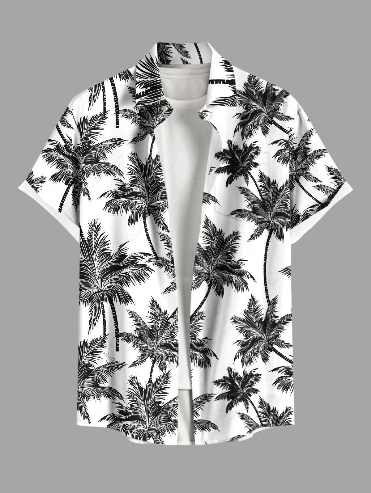Chic Plus Size Coconut Tree Two Tone Print Hawaii Button Pocket Shirt For Men  