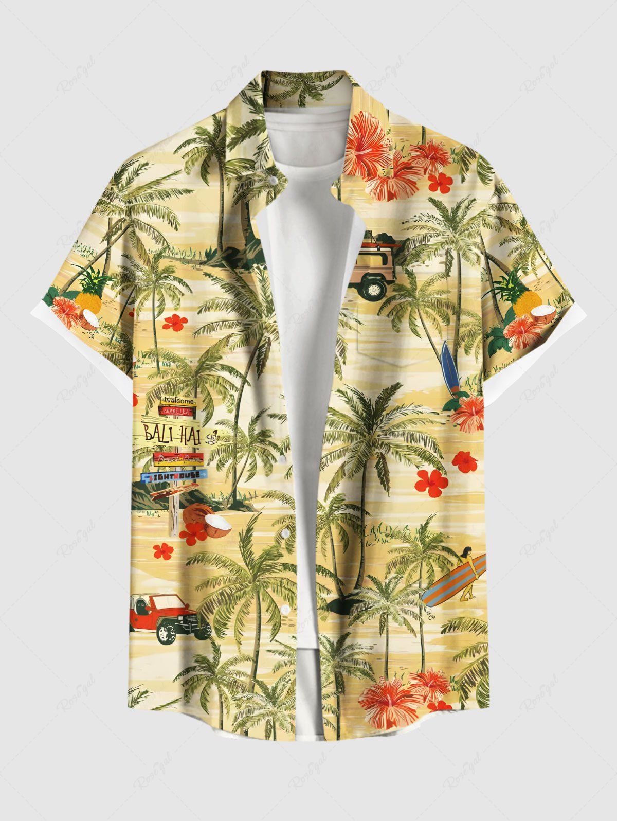 Affordable Plus Size Coconut Tree Floral Beach Car Print Hawaii Button Pocket Shirt For Men  