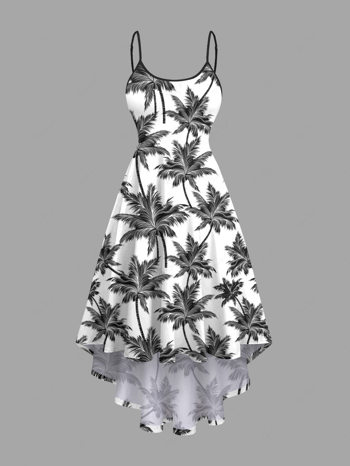 Best Plus Size Coconut Tree Two Tone Print Hawaii High Low Asymmetric Cami Dress  
