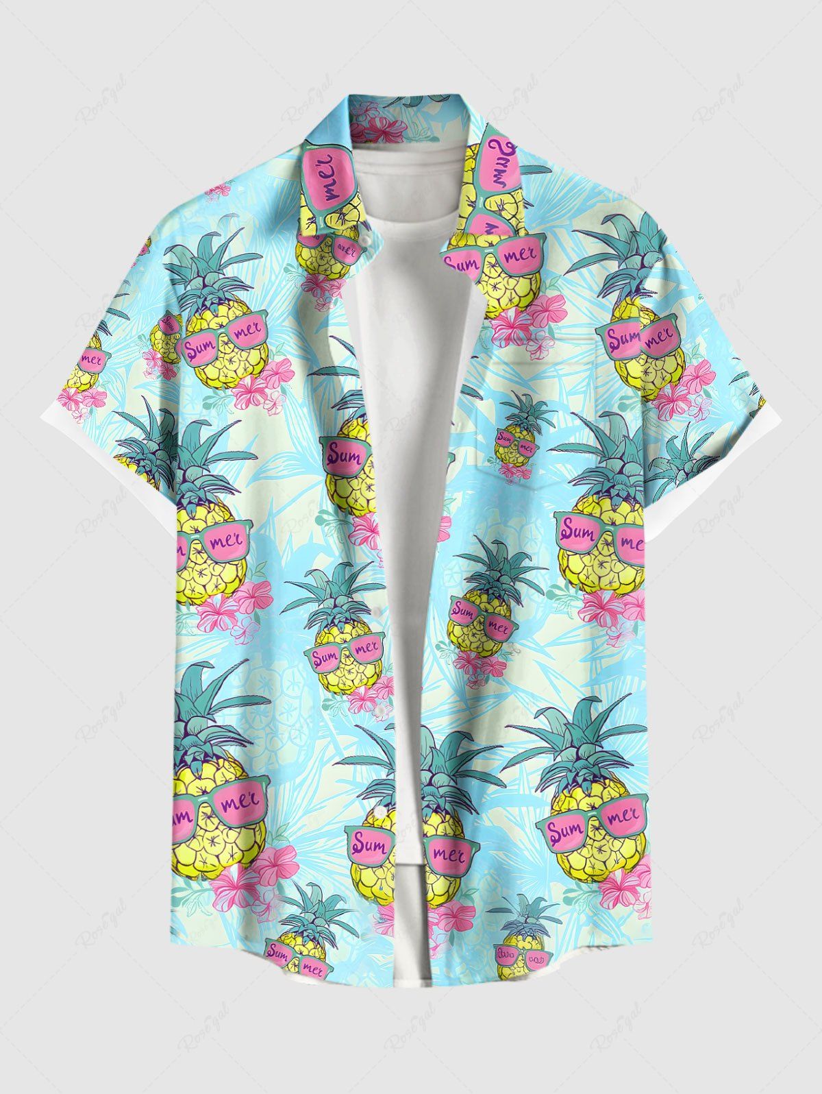 Unique Plus Size Pineapple Floral Sunglasses Print Hawaii Button Pocket Shirt For Men  