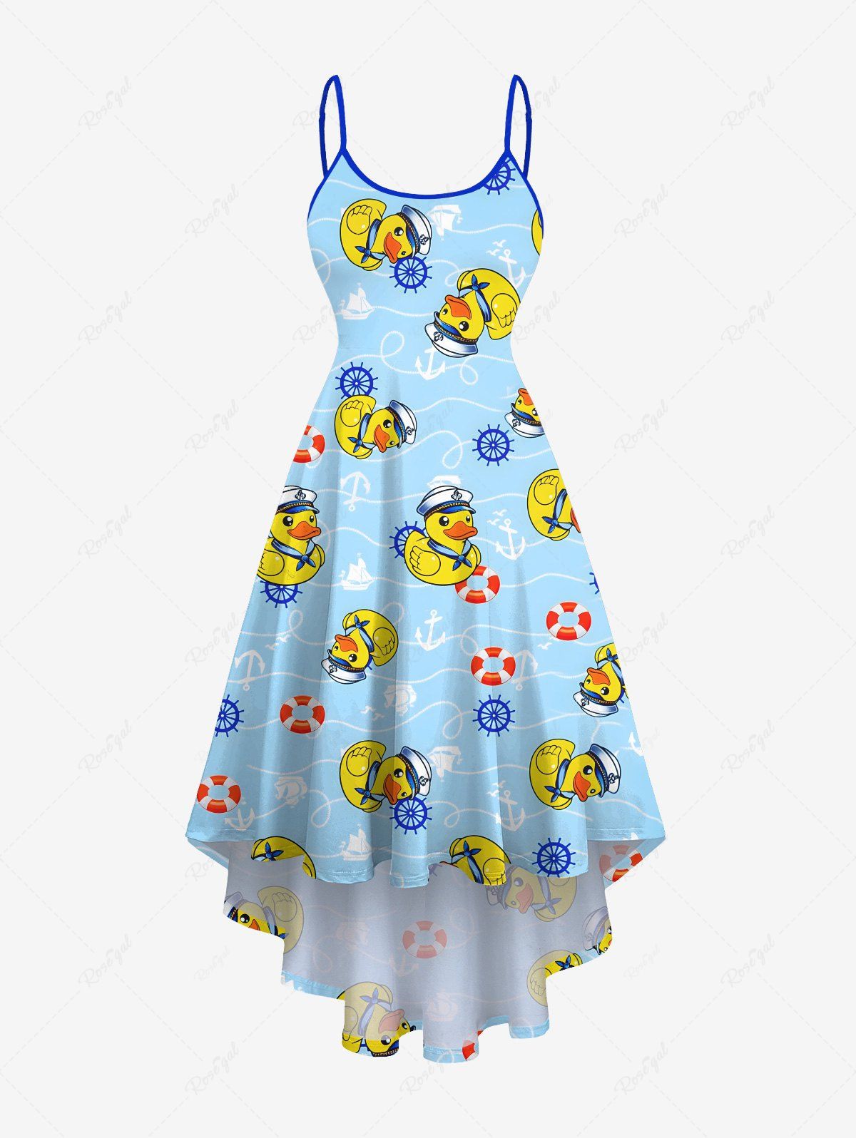 Trendy Plus Size Anchor Swimming Ring Cute Duck Print Hawaii Cruise High Low Asymmetric Cami Dress  
