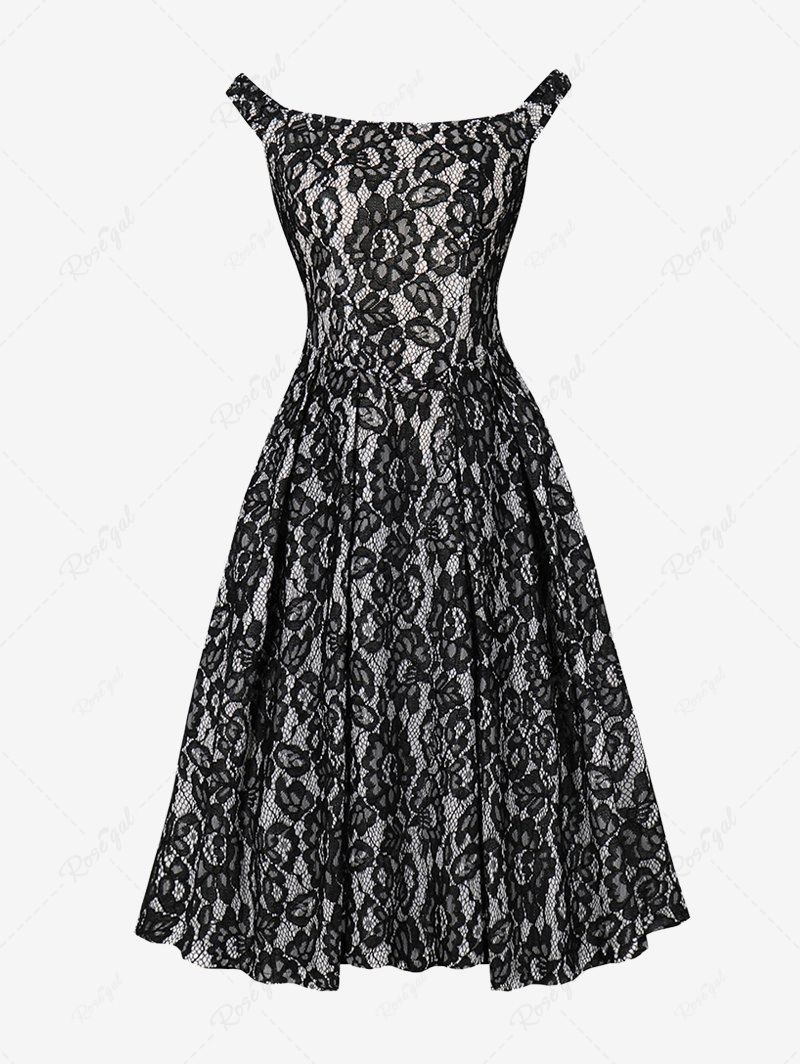 Robe Vintage Fleurie Zippée Au Dos à Lacets Noir 2XL