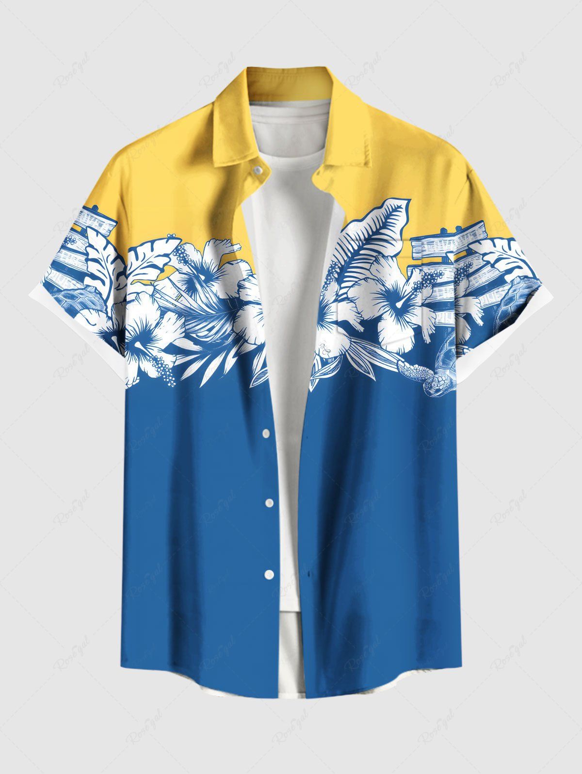 Fashion Plus Size Tropical Leaf Hibiscus Flower Colorblock Print Buttons Pocket Hawaii Shirt For Men  