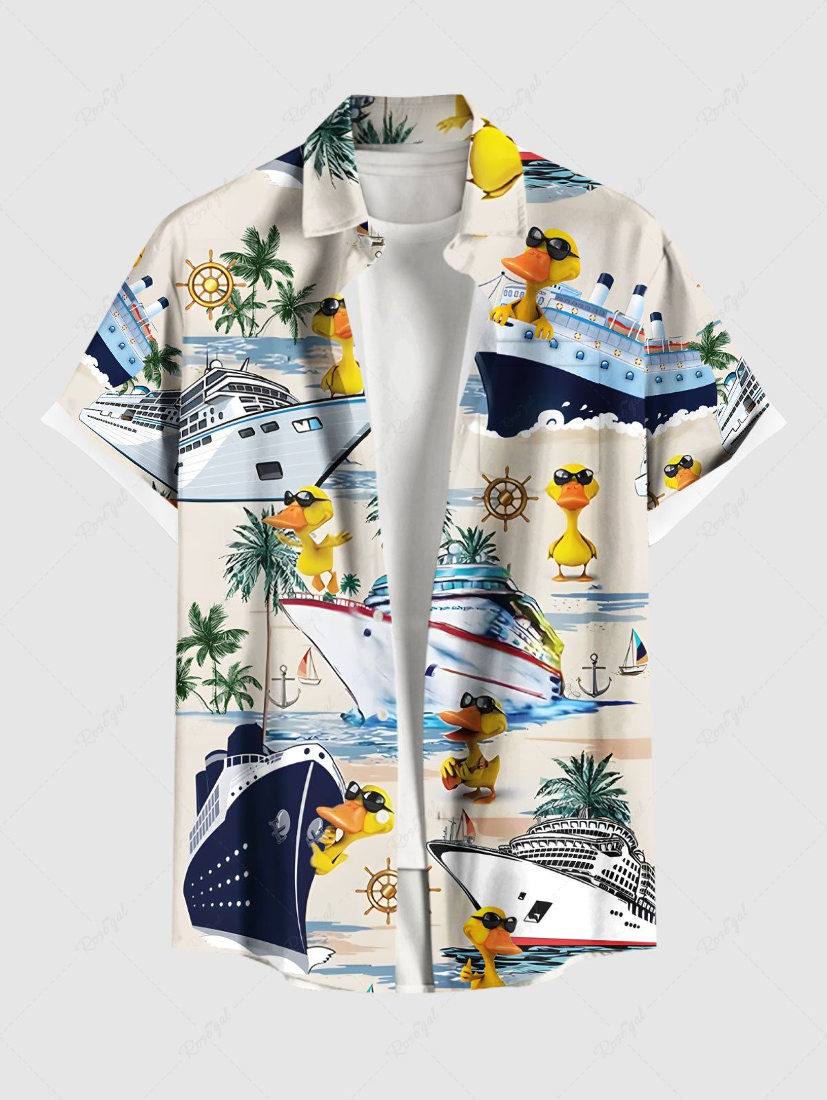Trendy Plus Size Coconut Tree Ducks Sea Waves Ship Print Buttons Pocket Cruise Hawaii Shirt For Men  