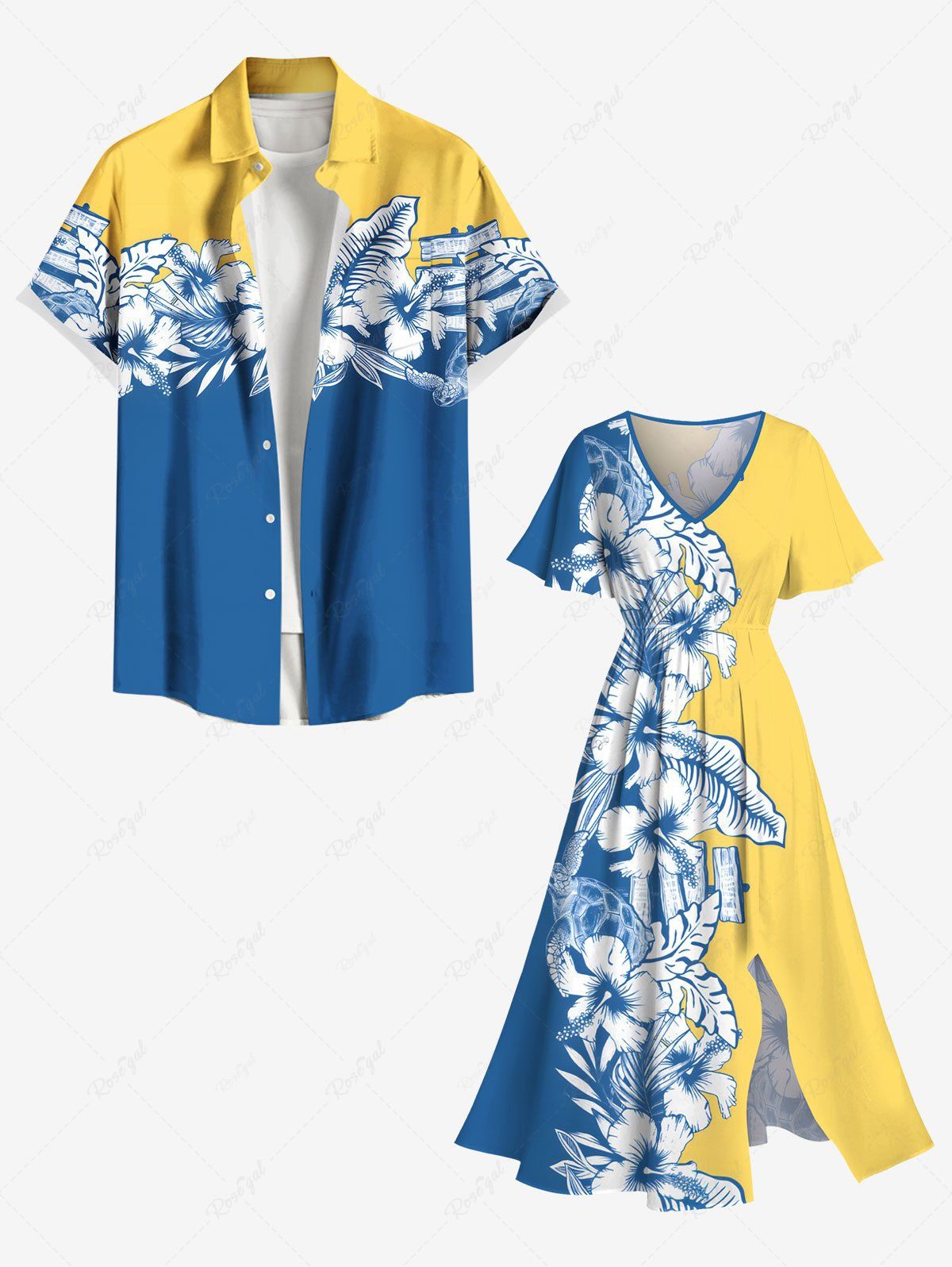 Tenue de Plage Contrastante Imprimé Feuilles et Fleurs Tropicales Grande Taille pour Couples Bleu Ciel 