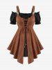 Puff Sleeves Lace Up Two Tone 2 in 1 Top and PU Panel Scalloped Cross Zipper A Line Skirt Plus Size Outfit -  