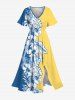 Tenue de Plage Contrastante Imprimé Feuilles et Fleurs Tropicales Grande Taille pour Couples - Bleu Ciel 