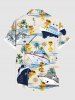 Plus Size Coconut Tree Ducks Sea Waves Ship Print Buttons Pocket Cruise Hawaii Shirt For Men -  