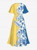 Plus Size Tropical Leaf Hibiscus Flower Colorblock Turtle Print Split Hawaii Midi Dress -  