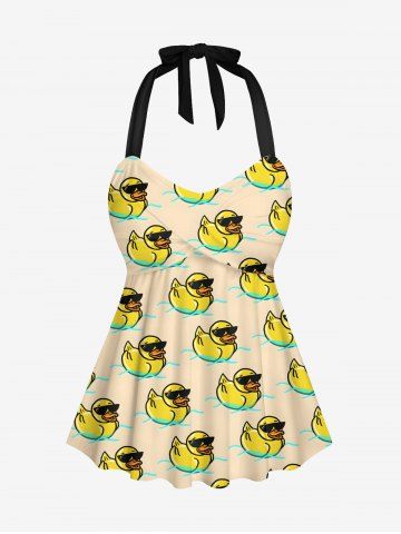 Cool Duck River Print Hawaii Twist Halter Backless Tankini Top - BEIGE - 3X