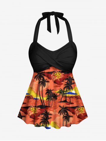 Coconut Tree Floral Sea Beach Print Hawaii Twist Halter Backless Tankini Top - DARK ORANGE - XS