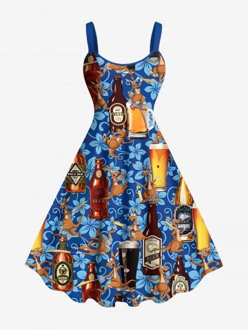 Plus Size Beer Kangaroo Floral Print Hawaii A Line Tank Dress - BLUE - 6X