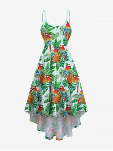 Plus Size Tropical Leaves Pineapple Parrot Print Hawaii High Low Asymmetric Cami Dress - GREEN - M