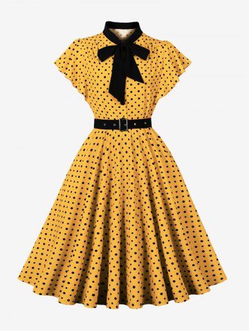 Polka Dot Print Buttons Tie Bowknot Flatter Sleeves Vintage Dress With Belt - YELLOW - S