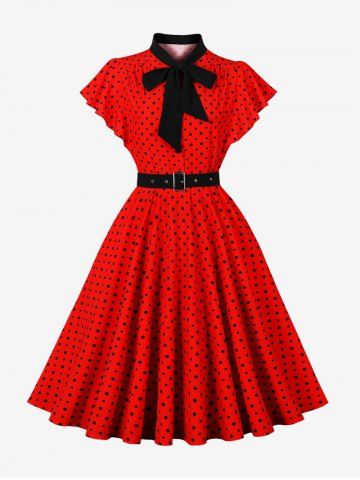 Polka Dot Print Buttons Tie Bowknot Flatter Sleeves Vintage Dress With Belt - RED - S