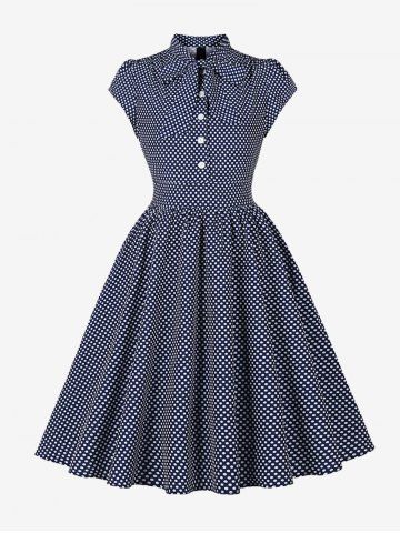 Polka Dot Print Buttons Bowknot Collar Vintage Dress